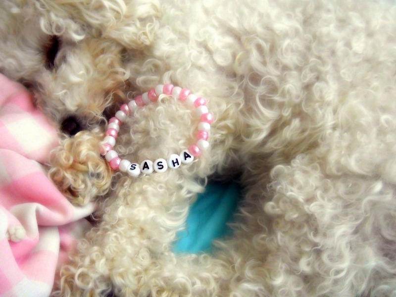 Sasha and the pink baby blanket and her homemade bracelet I made her